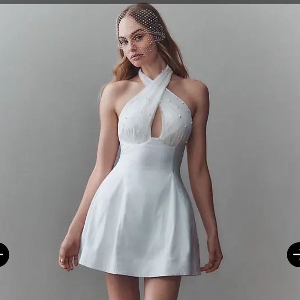 BHLDN Crisscross Halter Pearl-Embellished Mini Dress